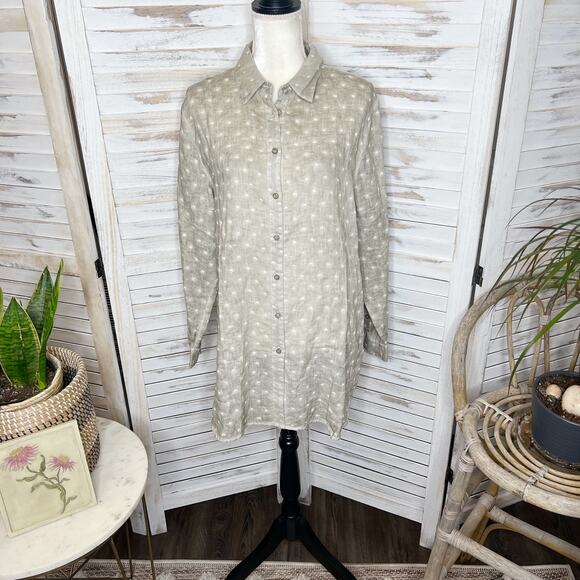 SOFT SURROUNDINGS Women's Large Linen Button Front Tunic Top Swiss Dot Coastal - Picture 2 of 11